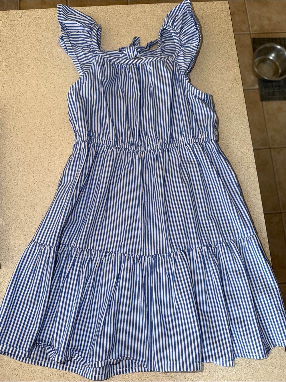 J. Crew Blue and White Vertical Stripe Ruffle-Sleeve Dress